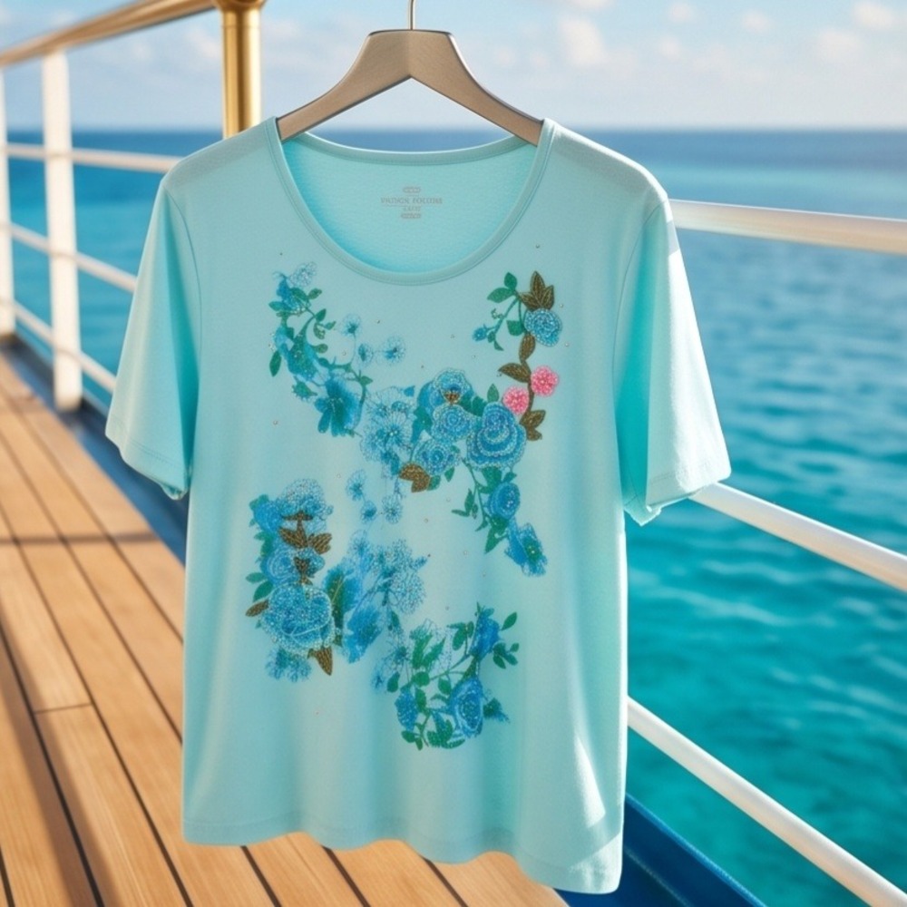 Princess Cruises 2X Blue Floral Embroidered Rhinestone T-Shirt XXL NWT